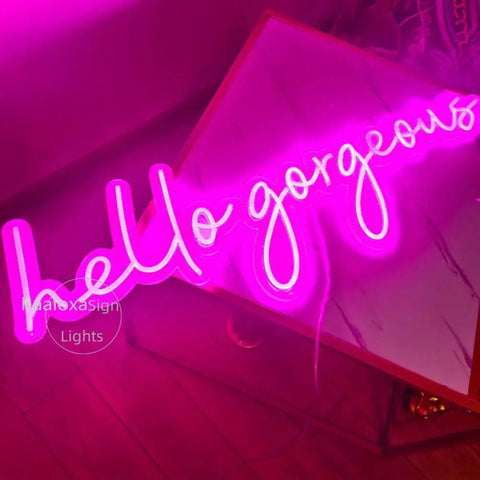 Pink USB Powered Acrylic Wall Light with 'hello gorgeous' text, ideal for home decor, LED Panel with Shatter Resistant Back, 45cm By 21cm