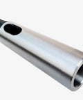 MT3-MT4 Morse taper drill sleeve reducing adapter; silver metal cylinder with left taper, right bore, side oval opening.