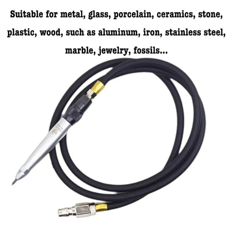 Precision Pneumatic Engraving Pen And Air Scribe Tool For Metal Ceramic Glass Etching With Adjustable Speed and tough alloy tip and hose.