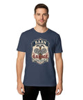 Vintage Mechanical Engineer TShirt With Hammer Gear Emblem For Garage Daily Wear Unisex Cotton Tee worn by a man in a navy color.