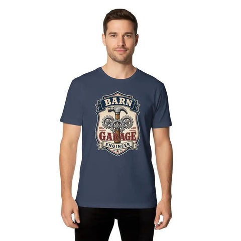 Vintage Mechanical Engineer TShirt With Hammer Gear Emblem For Garage Daily Wear Unisex Cotton Tee worn by a man in a navy color.