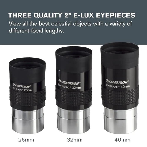 All In One 2 Inch Eyepiece And Filter Kit With 12 Piece Telescope Accessory Set E Lux Eyepiece shown in 26mm, 32mm, 40mm