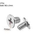 Heavy Duty M2x3mm Phillips Machine Screws Slick Nickel Plated Carbon Steel Fasteners With 3.8mm Heads For Laptop PCs Monitor TVs Fan Cases And No Sweat Modding 50 Piece Pack close-up of screws showing Phillips drive and nickel finish.