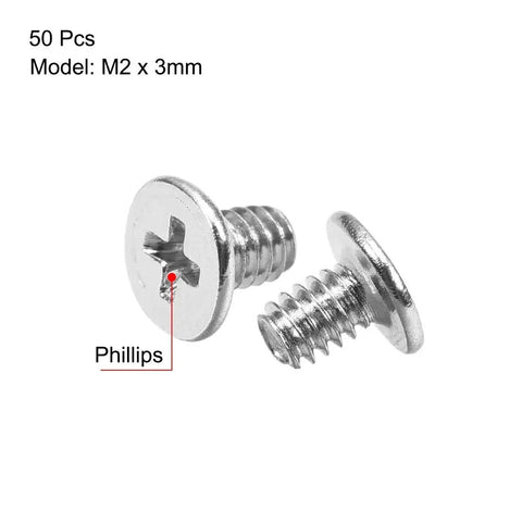 Heavy Duty M2x3mm Phillips Machine Screws Slick Nickel Plated Carbon Steel Fasteners With 3.8mm Heads For Laptop PCs Monitor TVs Fan Cases And No Sweat Modding 50 Piece Pack close-up of screws showing Phillips drive and nickel finish.