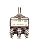 No Frills 3 Position On Off On Momentary Toggle Switch With 6 Pin Leads And 12mm Body rated 15 Amps and 250V AC close-up view.