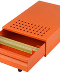 Built Tough Stainless Steel Espresso Knock Box With Roomy Detachable Grounds Drawer And Quieter Buffering Rod, orange with open drawer.