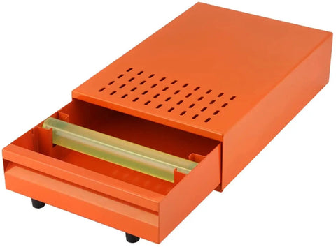 Built Tough Stainless Steel Espresso Knock Box With Roomy Detachable Grounds Drawer And Quieter Buffering Rod, orange with open drawer.