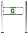 Heavy Duty Stainless Steel Swing Gate With Automatic Self Closing Security Barrier For Backyards And Commercial Lots, sleek design with green arrow sign.