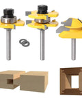 Lock Miter Router Bits And Tongue And Groove Set With One Quarter Inch Shank, Pro Grade Three Teeth T-Shape Cutter shown with wood joints