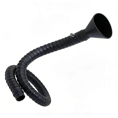 Shop Grade Industrial Welding Fume Extraction Arm With Flexible Exhaust Tubing And Matte Black Round Capture Hood, 50mm diameter.