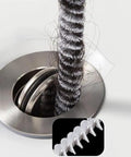 Flexible Drain Snake Cleaner Brush That Kicks Out Greasy Gunk Reusable Spiral Hair Removal Tool With Comfort Grip Handles For Sinks Showers And Bathtubs In White removing hair from a drain.