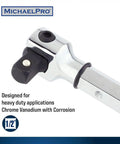 Extendable One Half Inch Drive Breaker Bar With 15 To 24 Inch Flex Handle And Rotating Head, chrome vanadium detail