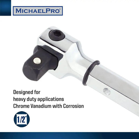 Extendable One Half Inch Drive Breaker Bar With 15 To 24 Inch Flex Handle And Rotating Head, chrome vanadium detail