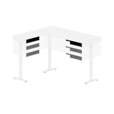 Badass L Shape Standing Desk With Smooth Height Adjustment 72 Inch Wide White And Black Office Workstation showcasing sleek design and storage drawers.