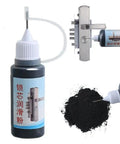 Dry Graphite Lock Lubricant Powder For Car Doors Garage Doors Home Locks Long Lasting No Dust Smooth Operation Quick Fix For Sticking Locks Easy To Apply. Close-up view shows nozzle, black powder, and lock application.