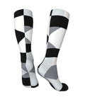 Black And White Piano Grid Thigh High Socks Unisex Breathable Moisture Wicking Crew Socks For Women Men showing flexible fit and stylish pattern.