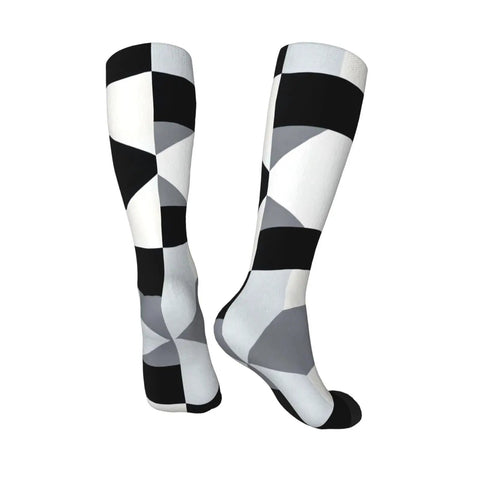 Black And White Piano Grid Thigh High Socks Unisex Breathable Moisture Wicking Crew Socks For Women Men showing flexible fit and stylish pattern.