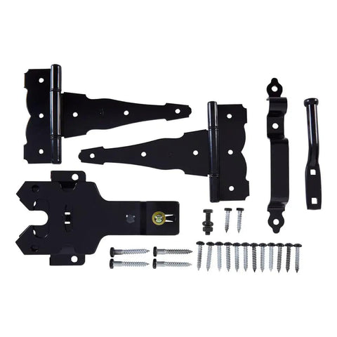 Deluxe Decorative T-Hinge Gate Kit Built Tough In Black Steel Finish With Latch Strike Pull for wood vinyl metal gates post mounted
