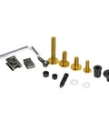 Universal 223-Piece Motorcycle Fairing Bolts Kit With Windscreen Screws And Nuts, components laid out in gold and black