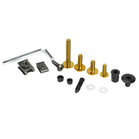 Universal 223-Piece Motorcycle Fairing Bolts Kit With Windscreen Screws And Nuts, components laid out in gold and black