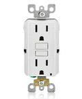 Slim GFCI Receptacle 15 Amp White Outlet Featuring Smart Ground Fault Shutoff And Hassle Free Reset For Rock Solid Home Electrical Safety, front view.