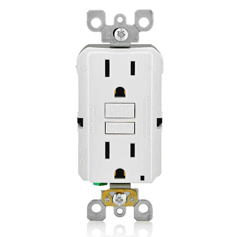 Slim GFCI Receptacle 15 Amp White Outlet Featuring Smart Ground Fault Shutoff And Hassle Free Reset For Rock Solid Home Electrical Safety, front view.