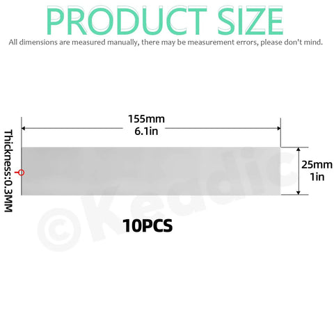 10 Piece Stainless Steel Shim Stock Set With 1 Inch Width And 6 Inch Length, 0.01 Inch Thick, illustrated size dimensions