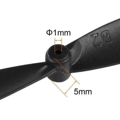 Detailed view of 55mm RC Propellers CW CCW 2 Vane Main Rotors Black 2 Pairs For Drones showing 1mm shaft, 5mm thickness made of ABS plastic