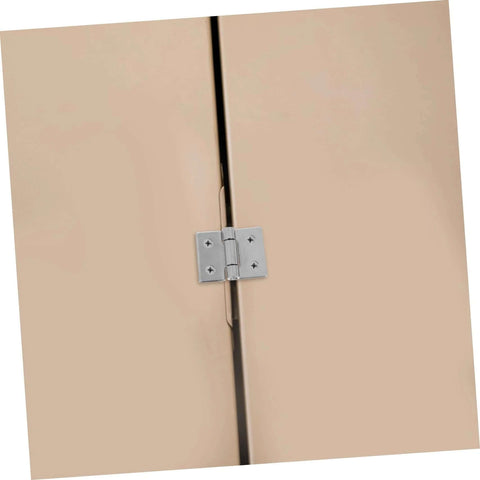 Outanaya 2-piece barn door hinge set installed on beige wooden doors; silver zinc-plated hinges