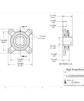 Technical drawing of 1-1/2 Inch Set Screw 4 Bolt Flange Bearing Pack of 2 Heavy Duty Cast Iron Housing dimensions.