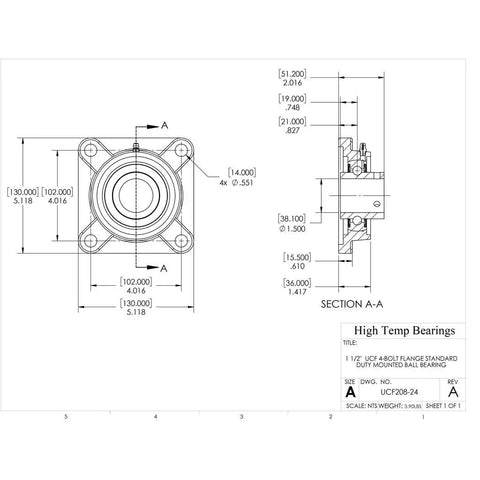 Technical drawing of 1-1/2 Inch Set Screw 4 Bolt Flange Bearing Pack of 2 Heavy Duty Cast Iron Housing dimensions.
