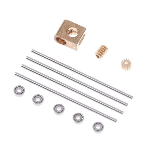 Compact Brass Worm Gearbox 90 Degree Right Angle Drive 12 To 1 Reduction 0.2 Module parts including brass cube, metal rods, and gears.