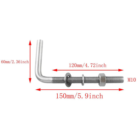 Heavy Duty 4 Pack L Shaped Anchor Bolts M10x150 Stainless Steel 304 for Concrete and Wood, side view with dimensions