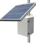 Heavy Duty Off Grid Solar Power Rig With 15 Watt Panel And 12 Volt 18 Amp Hour Agm Battery Plus 20 Amp Pwm Charge Controller side view on pole