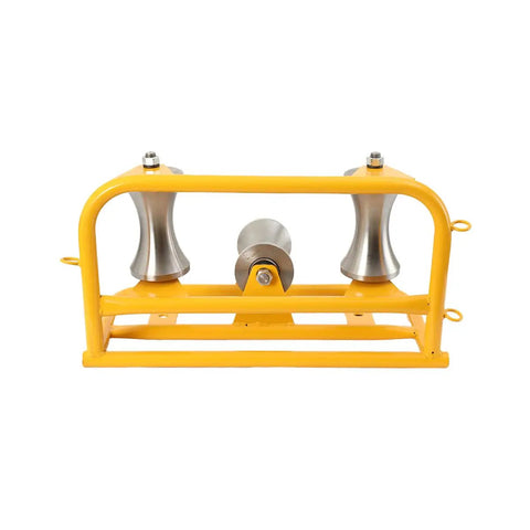 Heavy-Duty Steel Cable Puller Sheave For Large Scale High V And Construction Projects, durable wire tugger pulley with yellow frame.