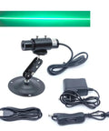 520nm green laser line module on adjustable mounting bracket with base plate; front view with power adapter and cables