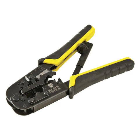 Coax Installation Kit With Crimp Tool, Cable Cutter, Stripper, F Connectors And Storage Bag shown as crimp tool in black and yellow.