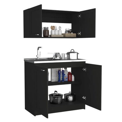 Score Major Points With This Modern Two Piece Black Cabinet Set Setting Off Fresh Vibes Through Heavy Duty Engineered Wood Assembly And Generous Shelving Space Perfect For Your Daily Essentials Or Digs. Image shows stacked black cabinets with contents.
