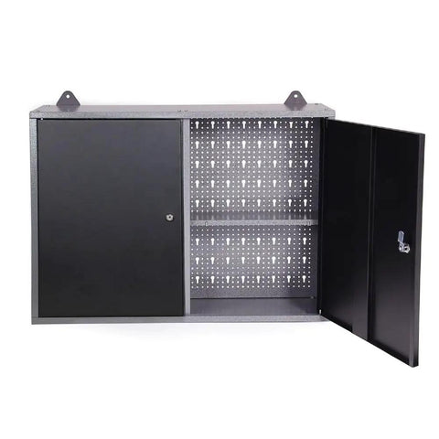 Metal Wall Cabinet With Lockable Door For Garage Or Basement Black And Grey Pegboard Interior With Detachable Shelves