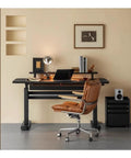 Rock Solid Electric Sit Stand Desk With Dual Built In Drawers And Effortless Height Adjustment Featuring Slick Modern Finish Premium Office Writing Table for workspace with leather chair.