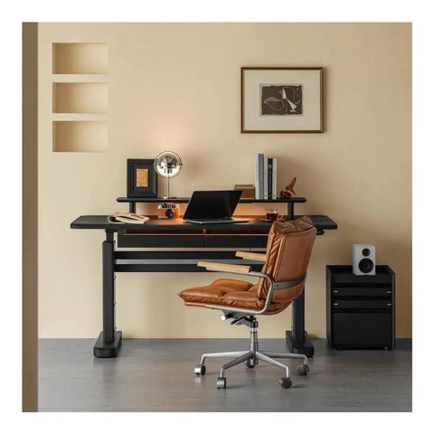 Rock Solid Electric Sit Stand Desk With Dual Built In Drawers And Effortless Height Adjustment Featuring Slick Modern Finish Premium Office Writing Table for workspace with leather chair.