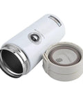 Dope 380 Ml Double Wall Stainless Steel Coffee Mug With Solid Lock Leak Proof Push Button Lid and built in mesh filter opened.