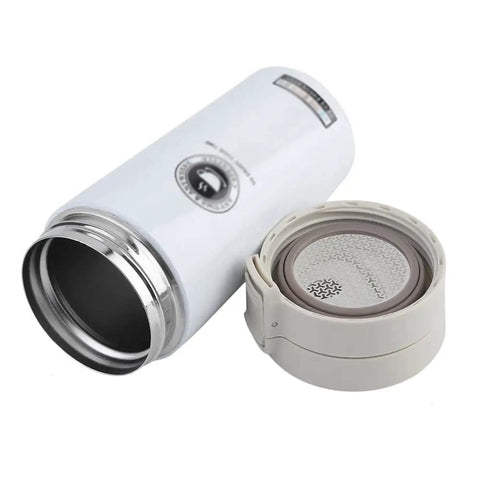 Dope 380 Ml Double Wall Stainless Steel Coffee Mug With Solid Lock Leak Proof Push Button Lid and built in mesh filter opened.