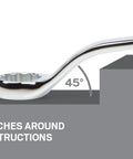 One Half By Nine Sixteenths Inch 45 Degree Offset Box End Wrench With 12 Point Openings Built To Handle Tight Spots And Obstructions Model WBE23313 Ready To Roll, showing profile view over obstruction