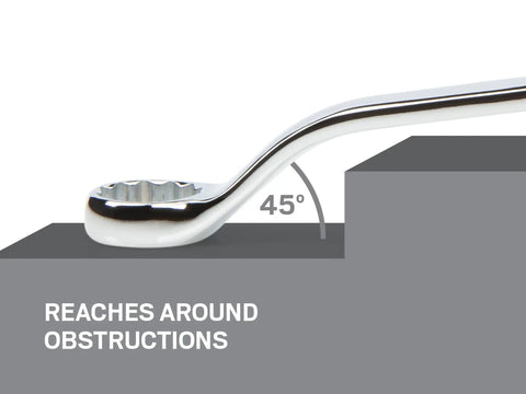 One Half By Nine Sixteenths Inch 45 Degree Offset Box End Wrench With 12 Point Openings Built To Handle Tight Spots And Obstructions Model WBE23313 Ready To Roll, showing profile view over obstruction