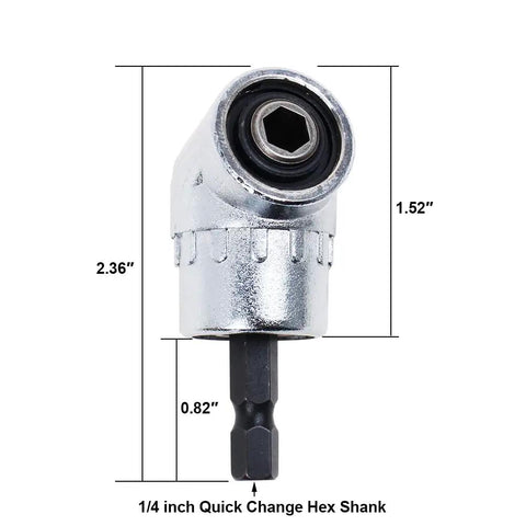 Right Angle Drill Attachment 105 Degree For Tight Spots With Magnetic Bit Socket Quick Change 1 Quarter Inch Drive DIY Power Screwdriver And Impact Drill Adapter For Auto Maintenance Home Improvement Furniture Install, showing front view, chrome vanadium material, 1/4 inch hex shank