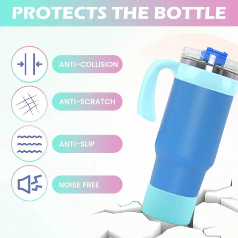 Light blue 20 Oz tumbler with anti-slip grip, ergonomic handle, and vacuum insulated design, shown with protective features.