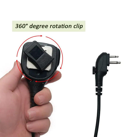 Two Pin Speaker Microphone For HYT Hytera Radios Walkie Talkie Compatible With BD500 BD502i showing 360° rotation clip and 2-pin plug