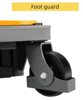 ApolloLift Semi-Electric Pallet Stacker 3300 Lbs Capacity 118 Inch Max Lift Height foot guard and caster wheel close-up.