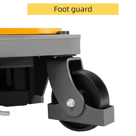 ApolloLift Semi-Electric Pallet Stacker 3300 Lbs Capacity 118 Inch Max Lift Height foot guard and caster wheel close-up.